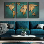 affiches carte monde moderne artistique relief brillant toile sans cadre vert doré 21x30cm 40x60cm