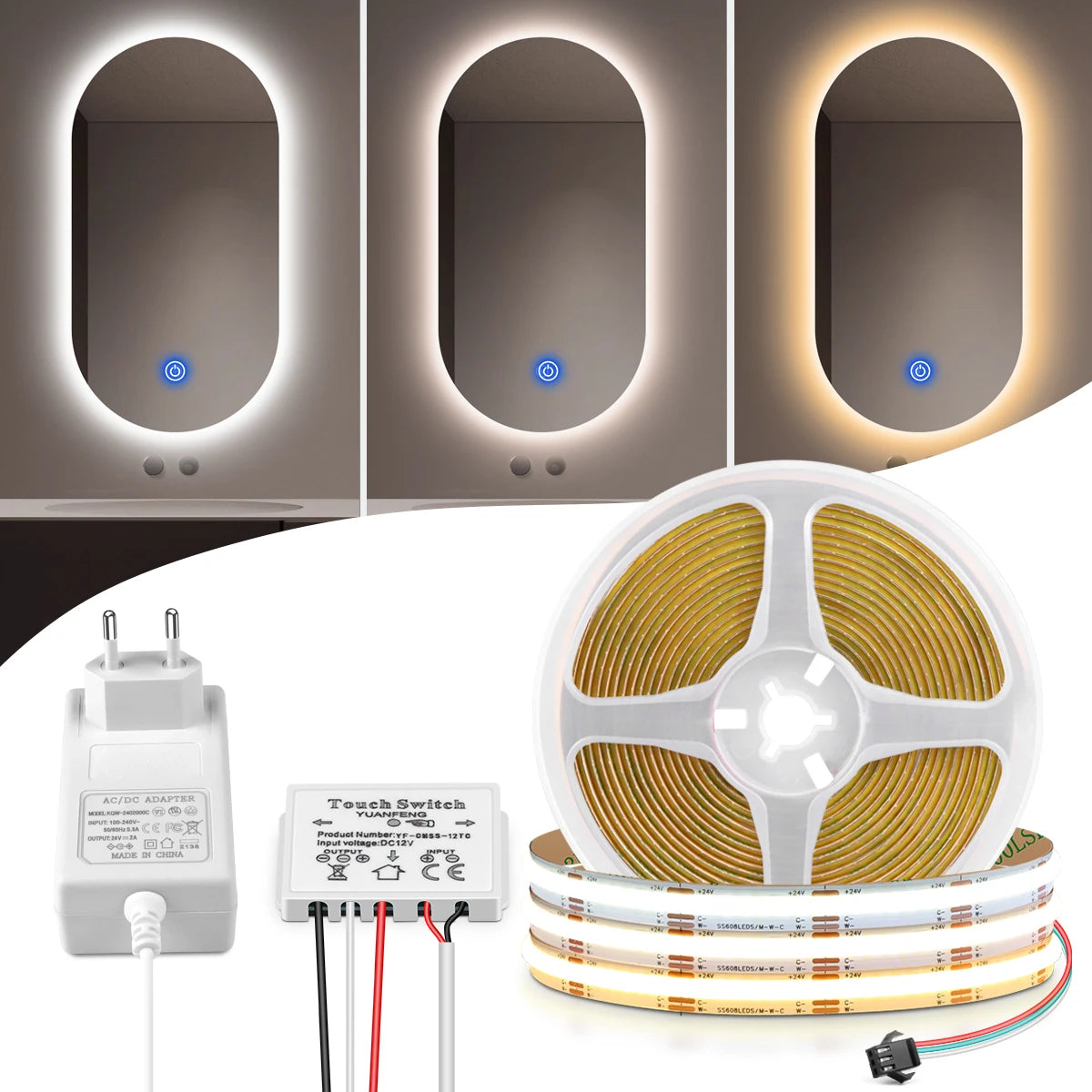 ruban led blanc doré moderne minimaliste adhésif 3000k 4000k 6000k commutateur tactile adaptateur secteur