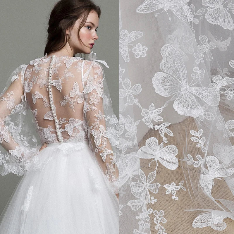tissu dentelle polyester mariage papillons brodés transparent élégant blanc robe châle fourniture couture artisanat