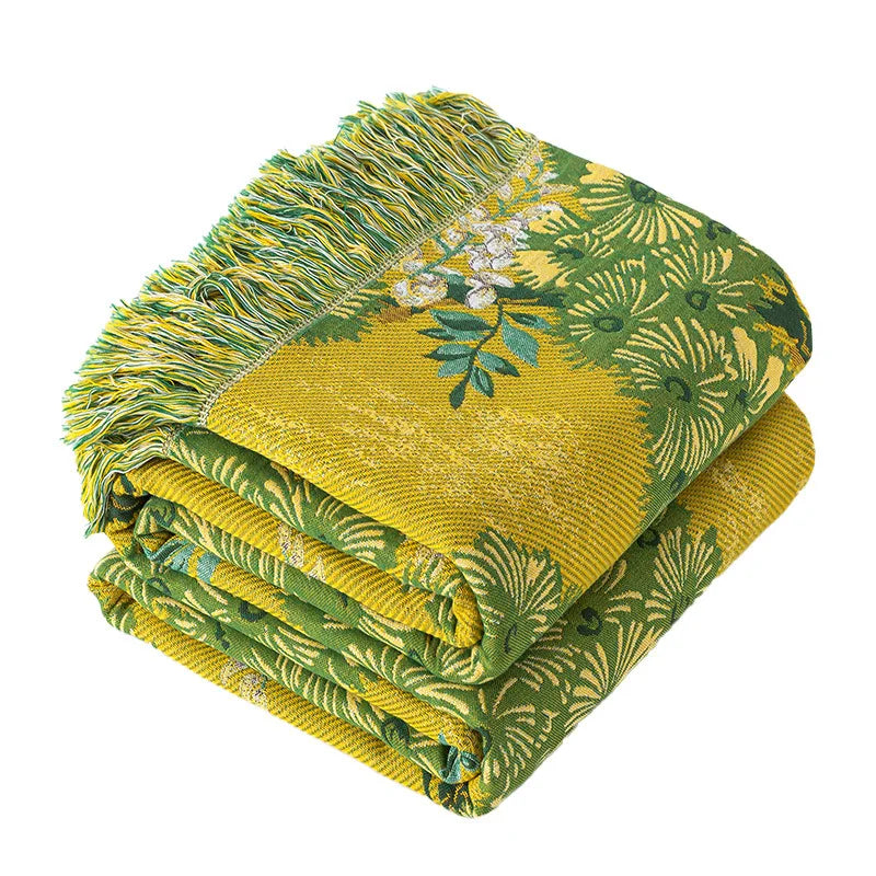 couverture coton motif floral verte jaune vintage franges dorées 48x74cm 150x200cm