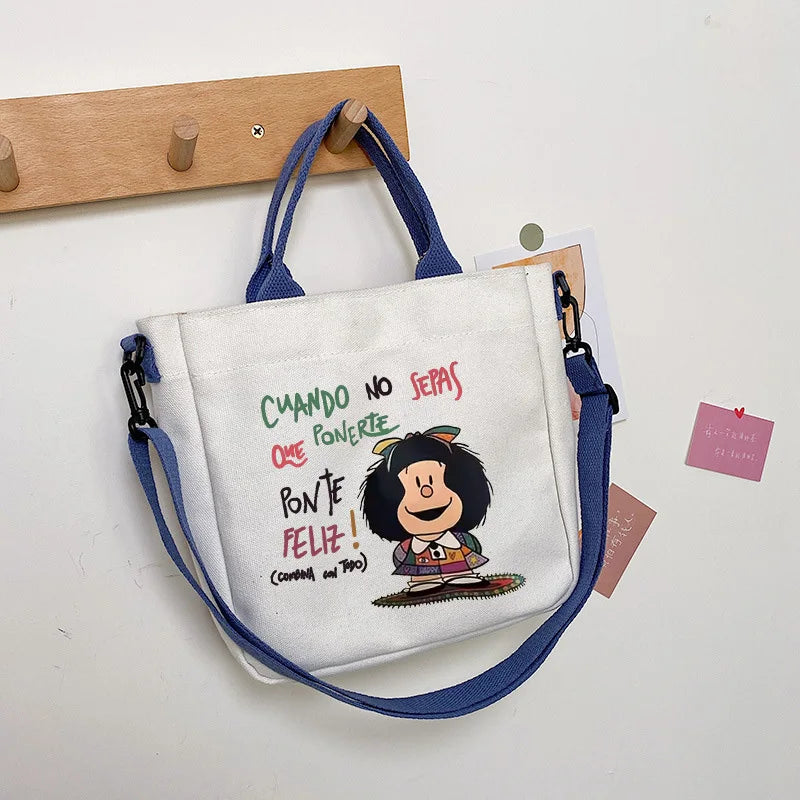 sac main toile imprimée mafalda blanc bleu moderne casual boucle fermeture fourre tout étudiant