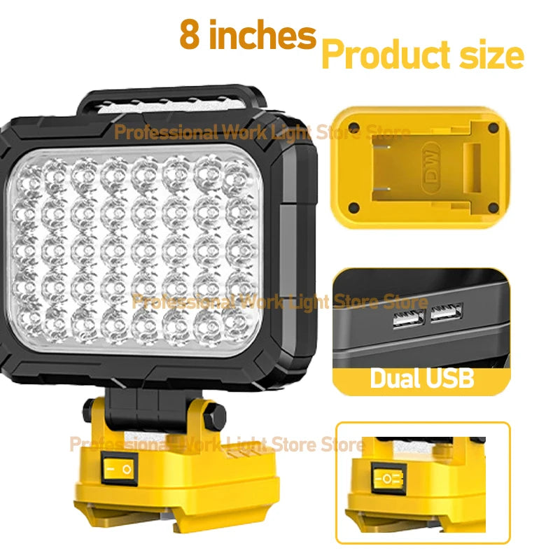 lampe travail led jaune moderne robuste interrupteur luminosité port usb poignée transport sans fil