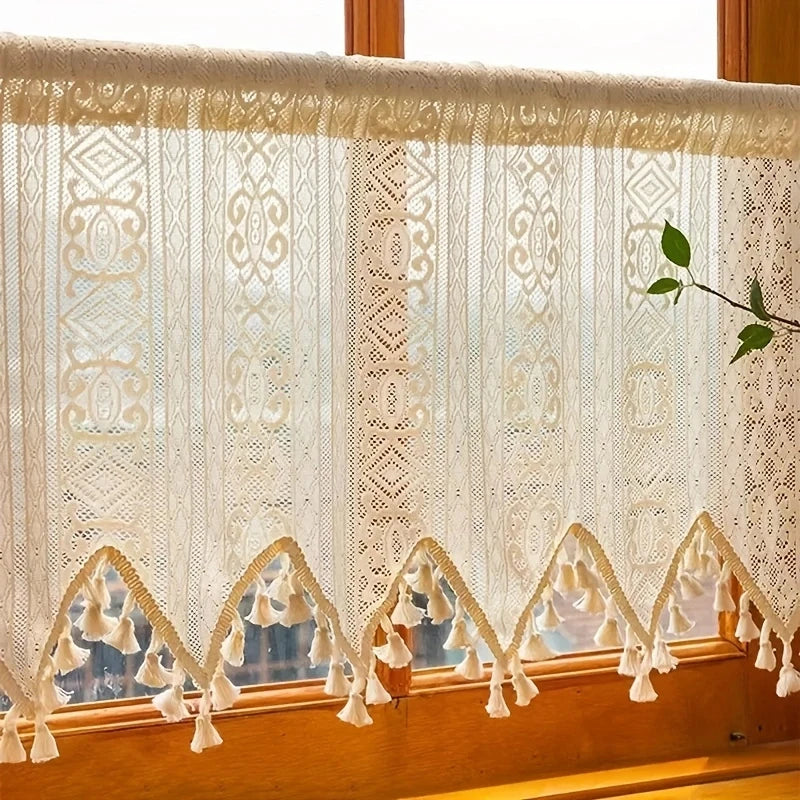 rideau polyester semi transparent beige dentelle géométrique vintage tassellets chambre salon cuisine
