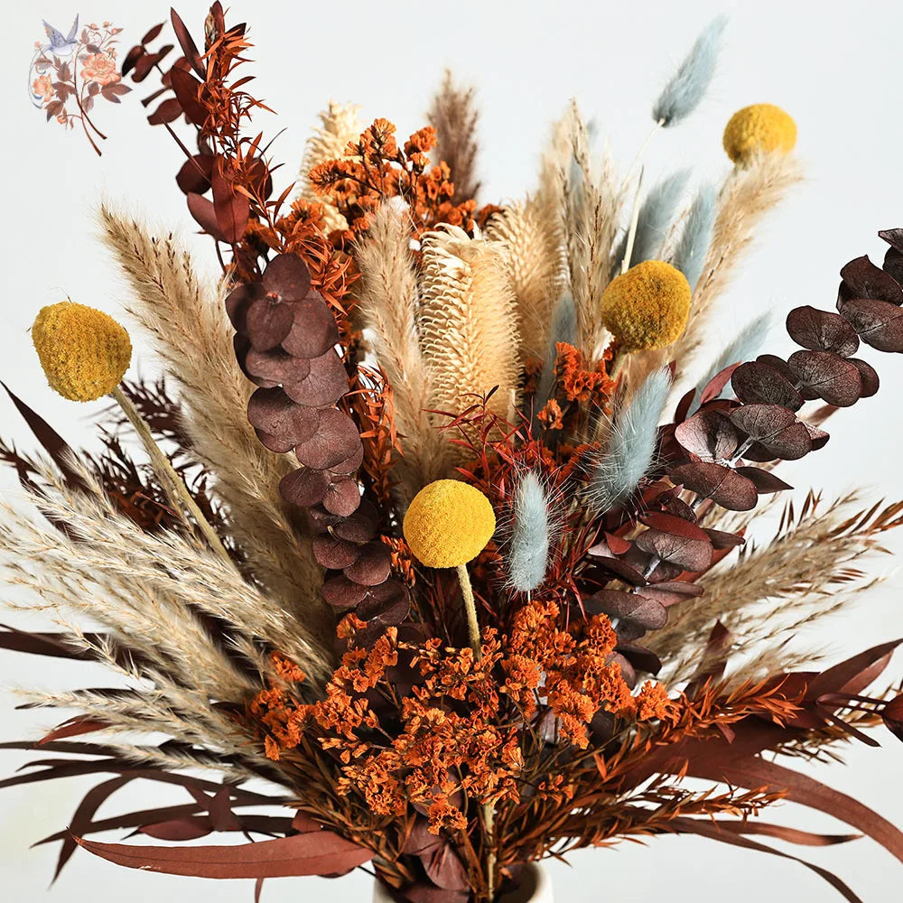 bouquets fleurs séchées boho marron beige orange fluffy décoration maison anniversaire mariage