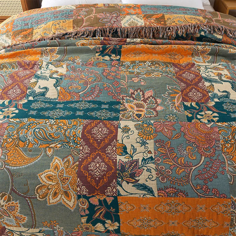 couverture boho chic motif floral bleu orange marron franges coton géométrique 200x230cm