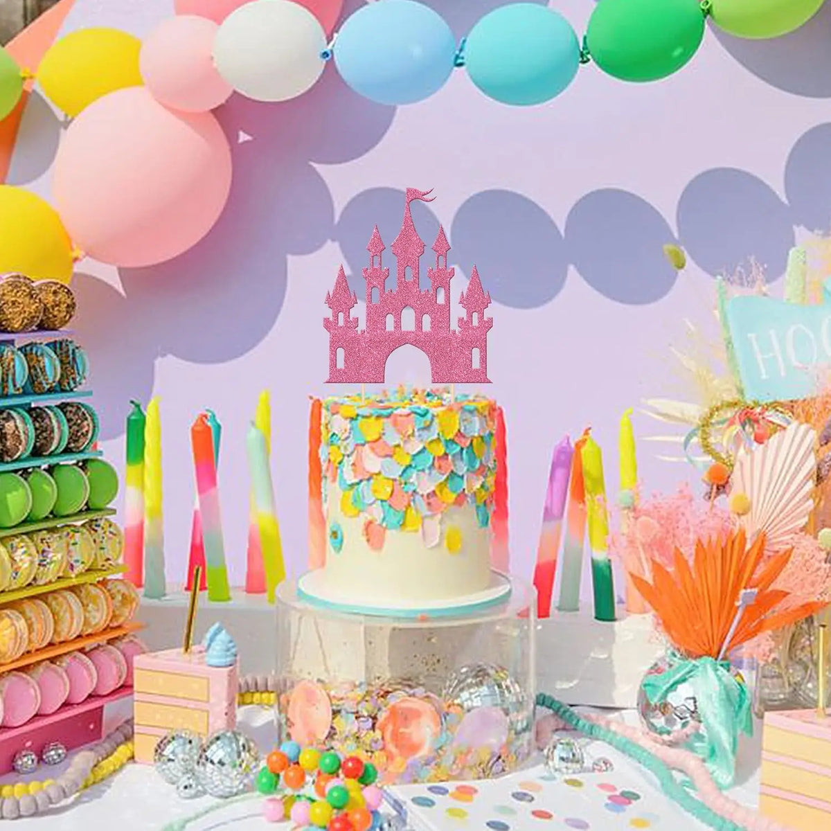 décoration gâteau château glitter princesse doré bleu rose anniversaire fête piquettes bambou