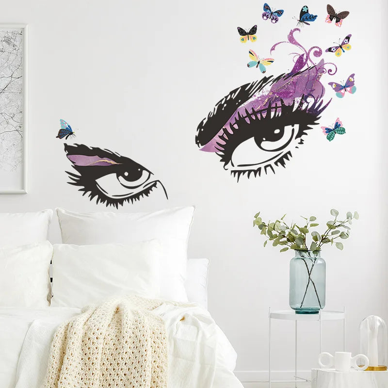 sticker mural yeux stylisés adhésif pvc résistant eau moderne artistique noir violet bleu rose