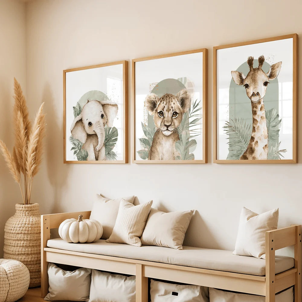 tableaux animaux éléphant lionceau girafe feuilles moderne chambre maison decoration toile cadres bois