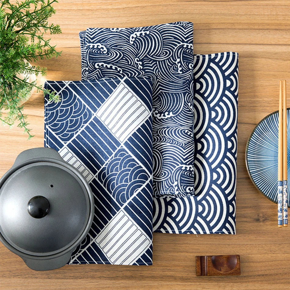 serviettes table japonais motif vagues bleu marine blanc respectueuses environnement