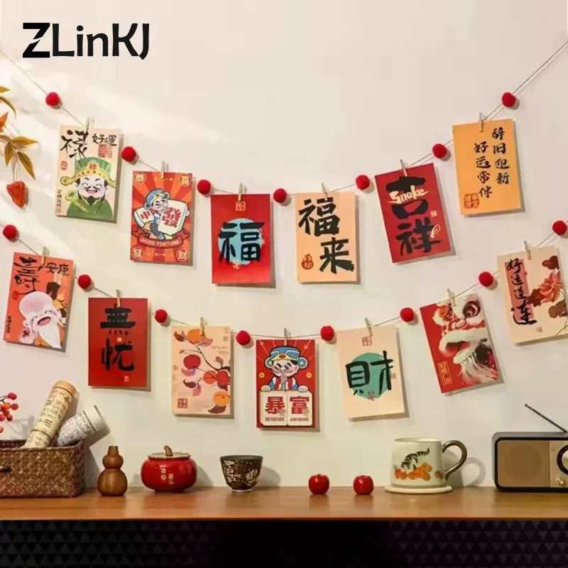 stickers muraux festifs lettres chinoises cartes postales clips artisanal rouge blanc vert bleu orange