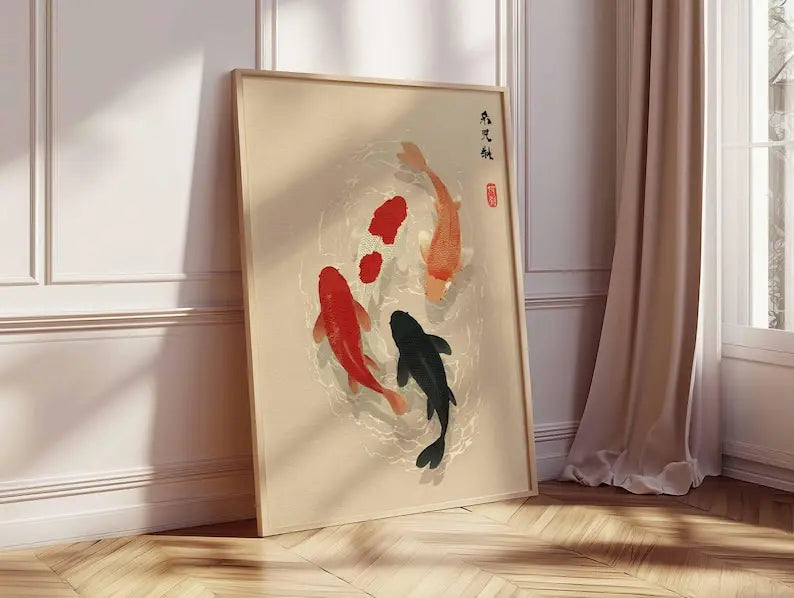 tableau moderne poissons stylisés cercle minimaliste couleur rouge noir beige décoration salon chambre sans