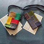 sac main multicolore patchwork motifs géométriques opacité créatif bandelette noire 19x13cm