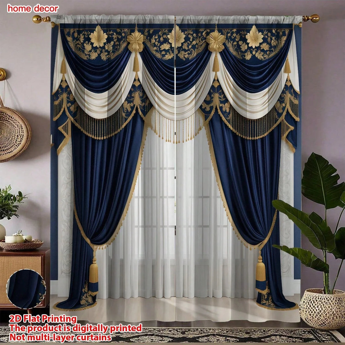 rideaux élégants broderie florale dorée franges pompons bleu marine moderne maison