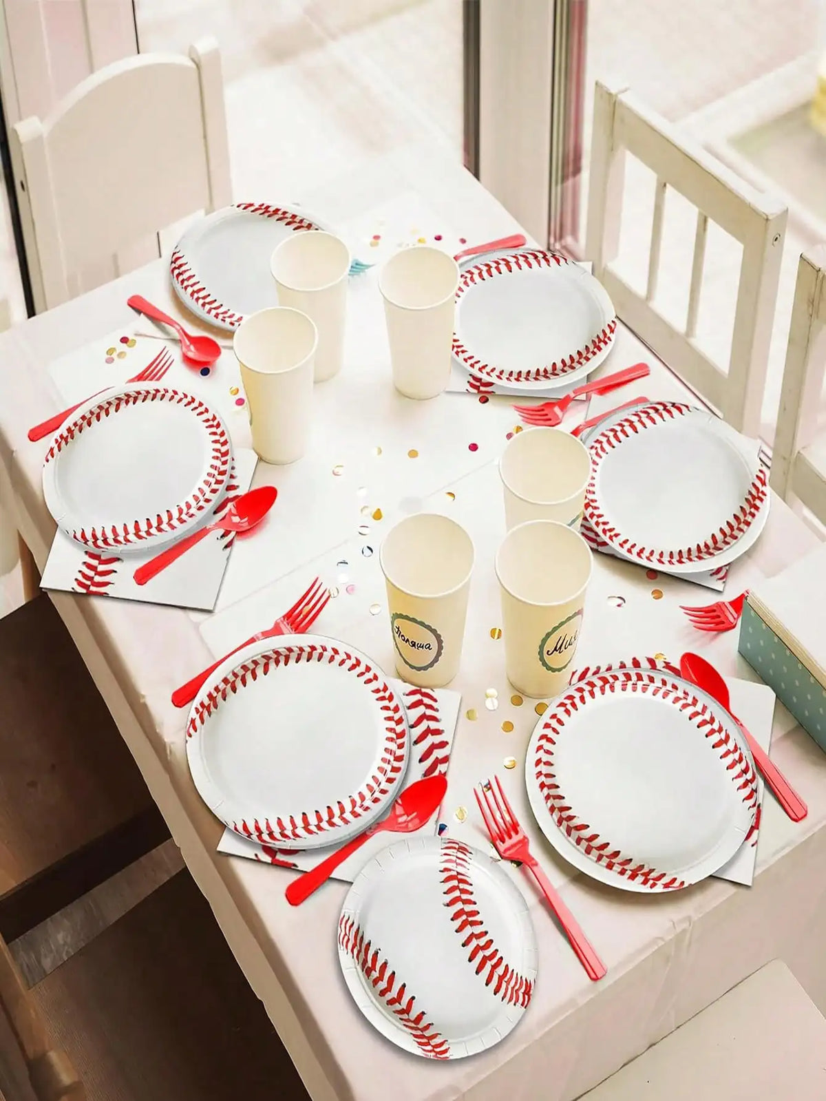 assiettes papier motif baseball blanc rouge fourchettes gobelets set festifs anniversaire mariage noël toutes