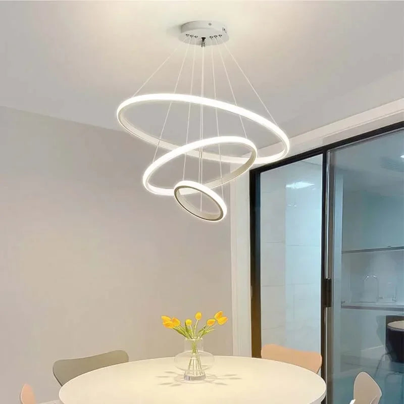 lustre moderne minimaliste suspension câbles noir or blanc concentrique led chambre salon