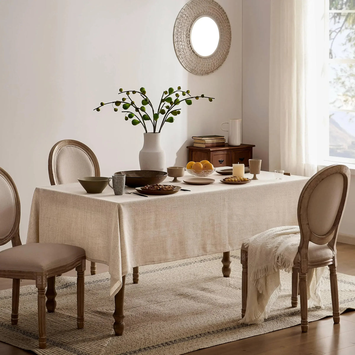 nappe rectangulaire bohème lin lavable table manger rustique plis texture neutre été automne fête