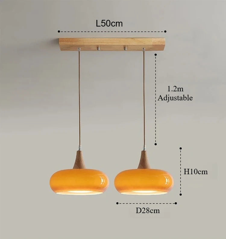 suspension lumineuse moderne orange bois naturel opacité chaînes métalliques salon restaurant étude chambre exposition