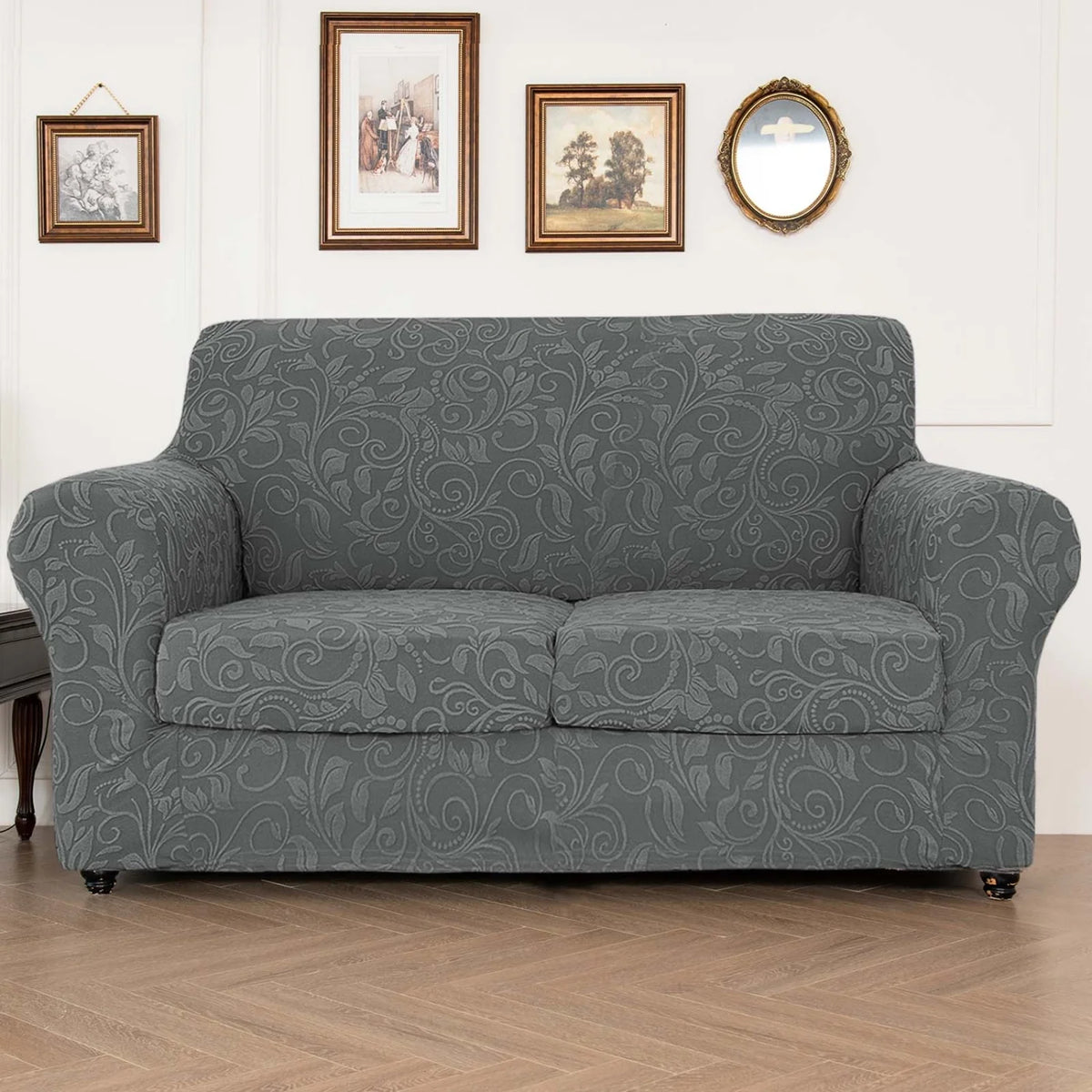 housse canapé gris clair motif floral moderne boutons élégants coussin inclusversible machine