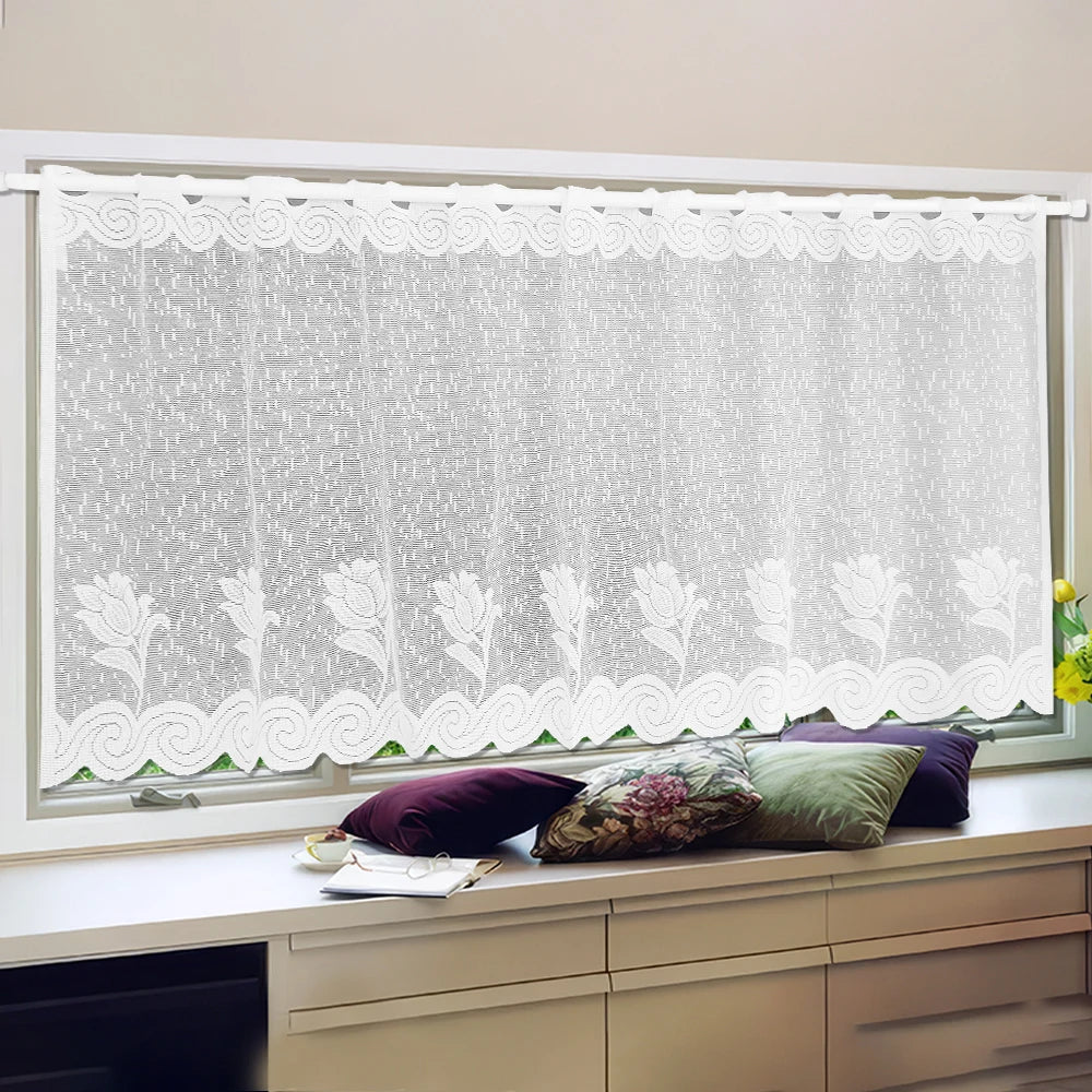 rideau blanc fleurs simple polyester translucide cuisine classique 150x60CM