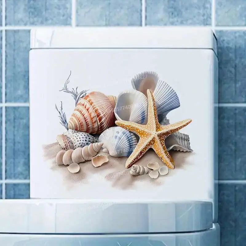 autocollant mural decoratif coquillages etetoilesmer bleuorange beige blanc adhésif salon refrigérateur