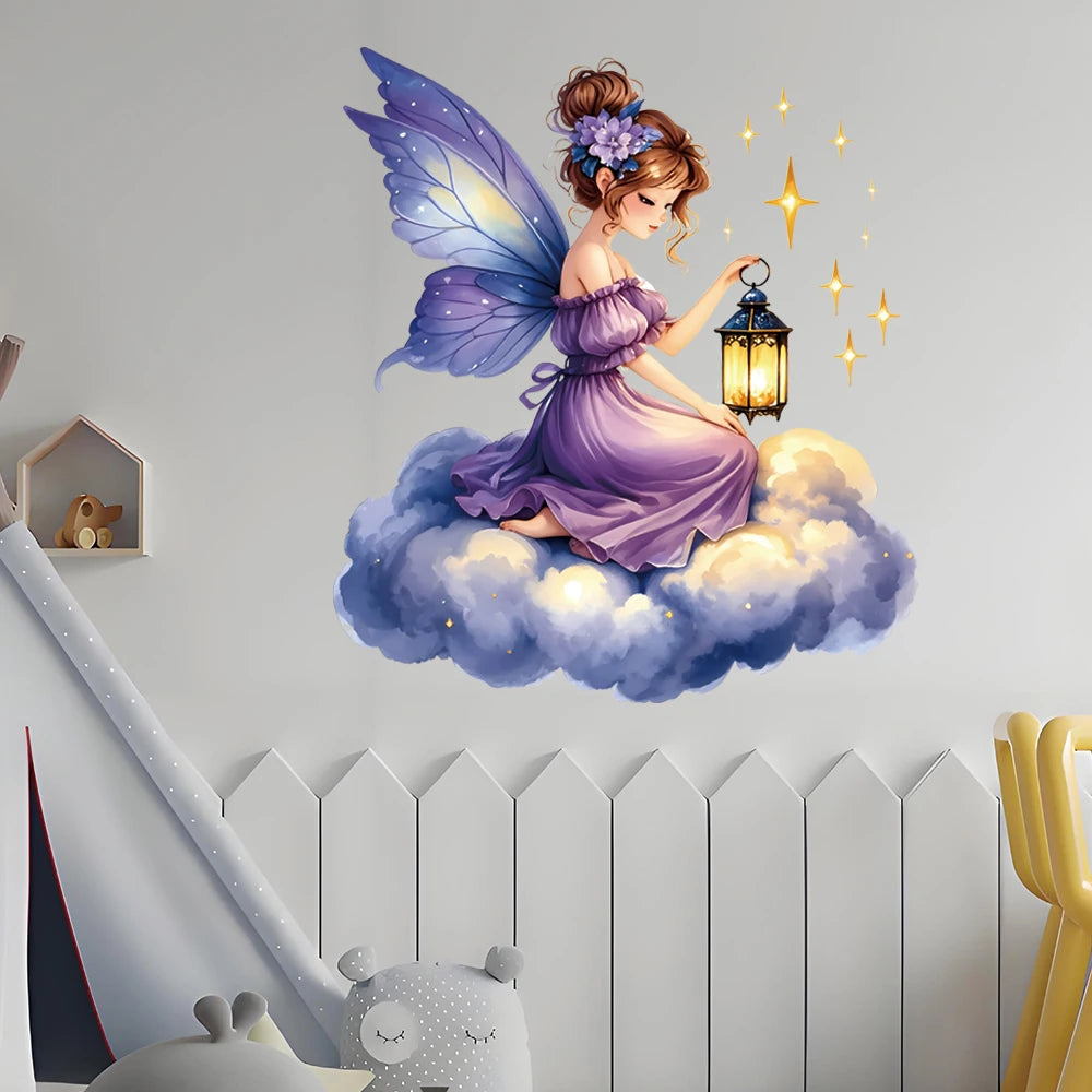 autocollant mural fée dessin animé violet blanc doré décoration maison chambre enfant ailes lanternes