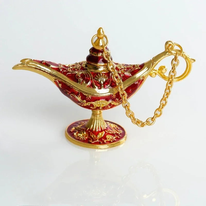 lampe huile émaillée ornoements floraux art déco vintage métal couleurs or rouge verte