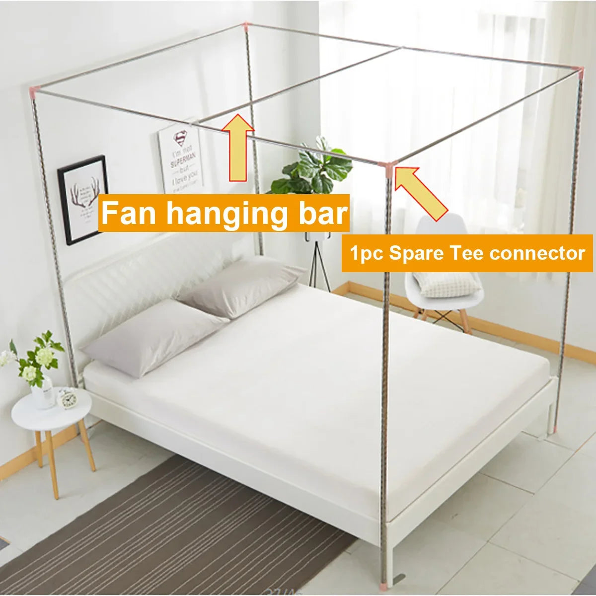lit baldaquin acier inoxydable gris moderne structure métal lisse barre suspension clips pied pression