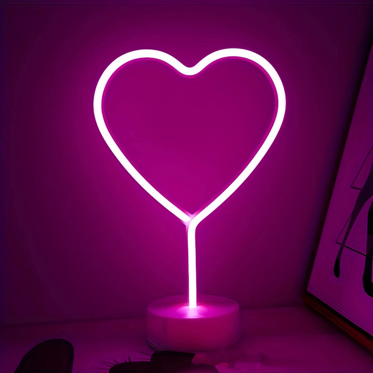 lampe décorative néon forme coeur rose base blanche rechargeable usb anniversaire mariage