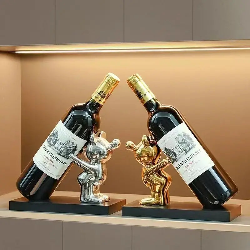 présentoir bouteille ours argenté doré moderne décoration noël vin champagne étiquette florale