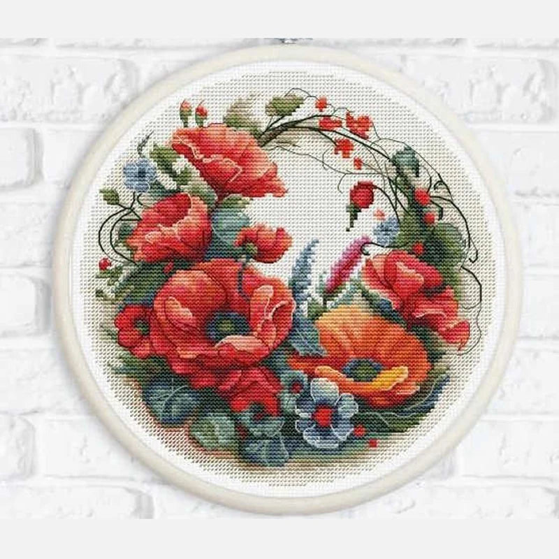 kit broderie fleurs coquelicot tournesol hortensia pissenlit coton aida schema papier aiguilles stylo points