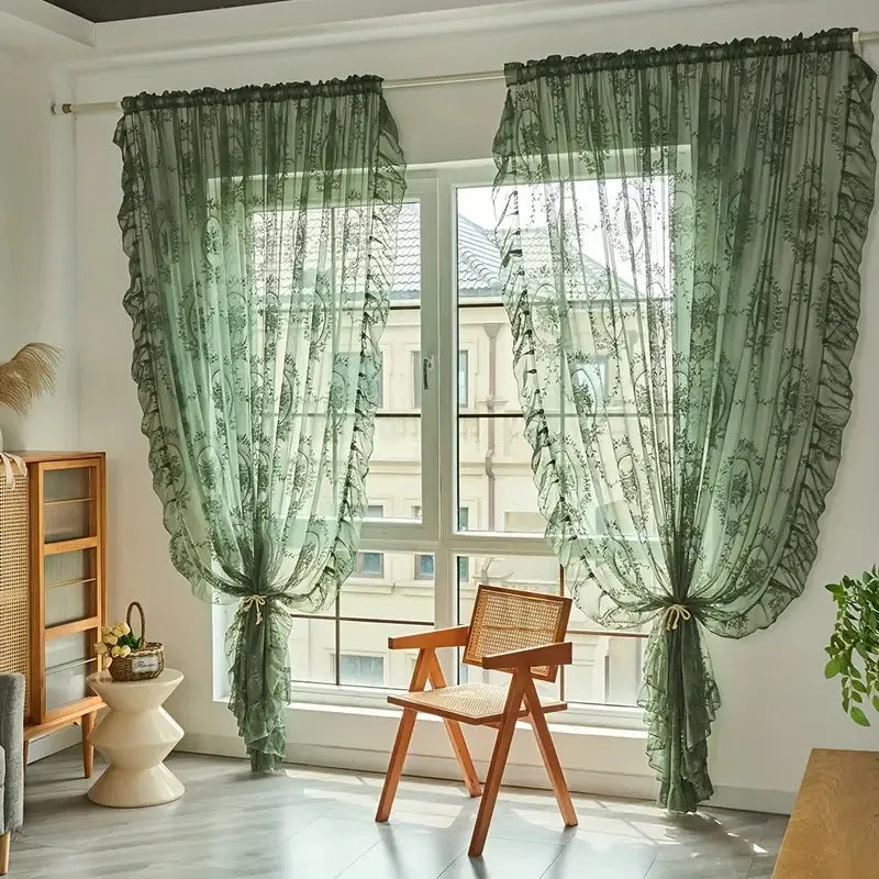 rideau floral vintage polyester translucide salon blanc vert