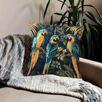 housse coussin carré vintage oiseaux exotiques feuilles tropicales bleu vert doré polyester peacheskin 45x45cm