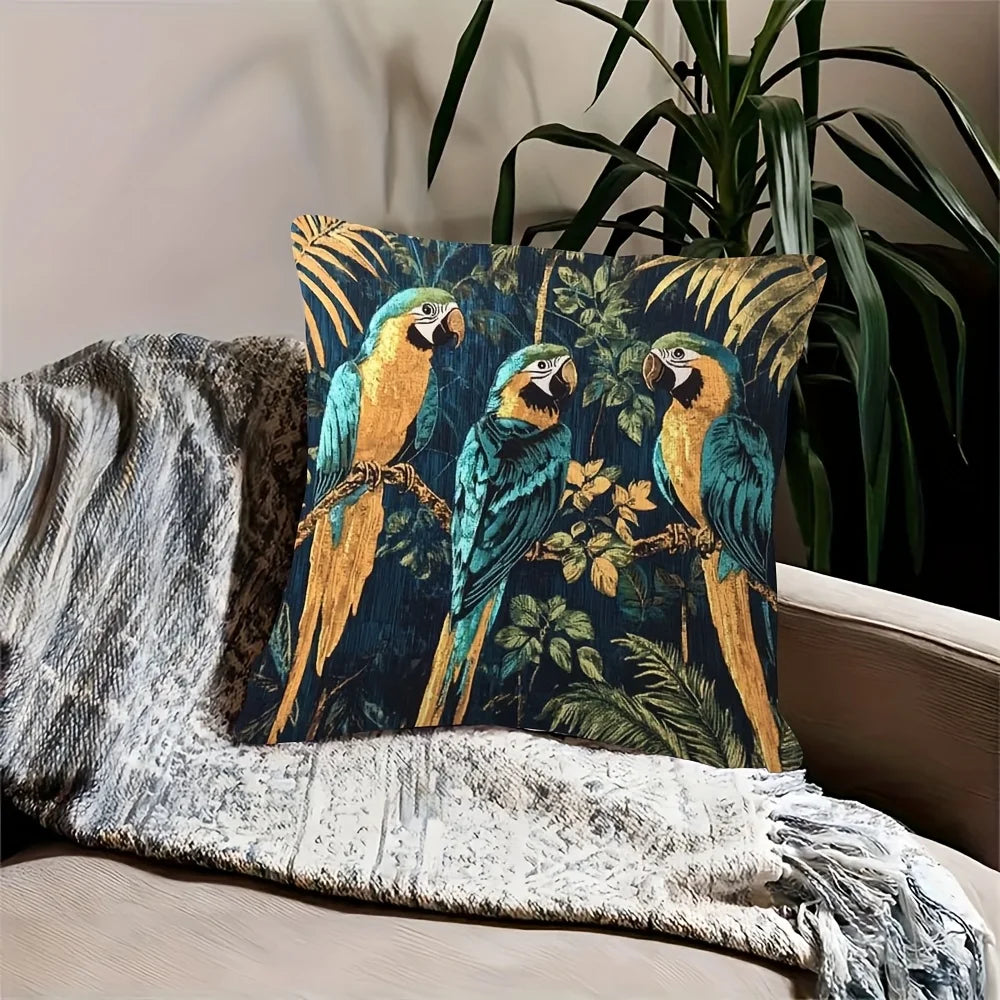 housse coussin carré vintage oiseaux exotiques feuilles tropicales bleu vert doré polyester peacheskin 45x45cm