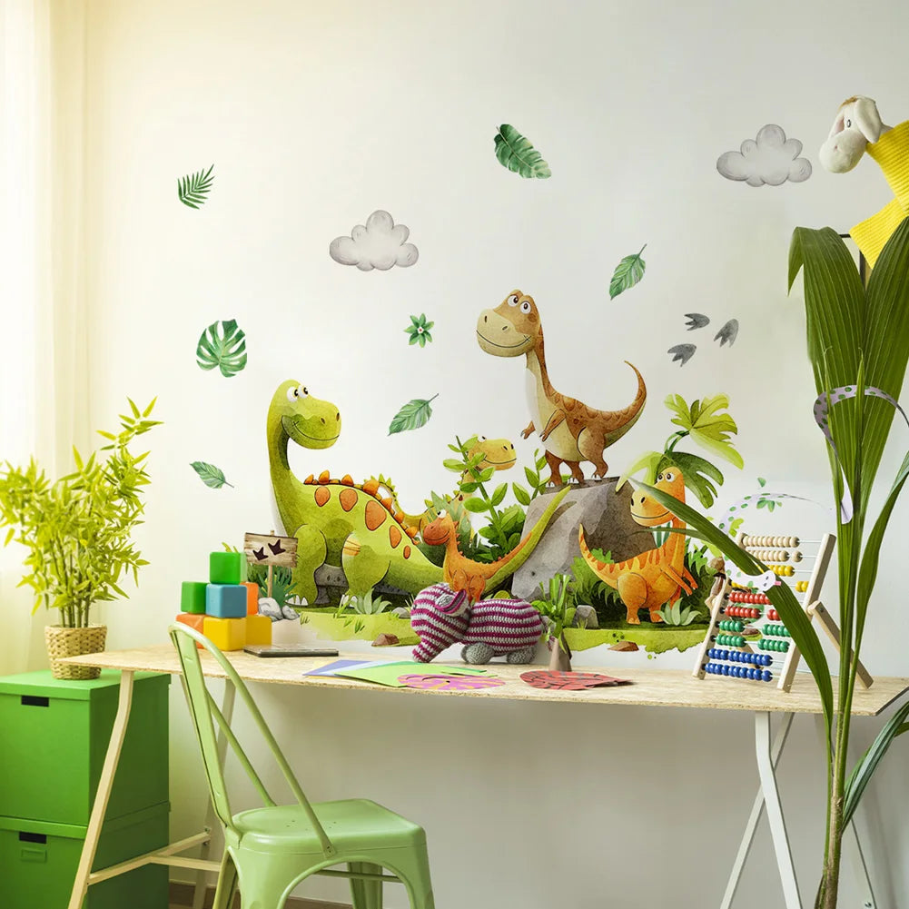 sticker mural dinosaure dessin animé jungle feuilles nuages adhésif enfants decoration intérieure verte Jaune