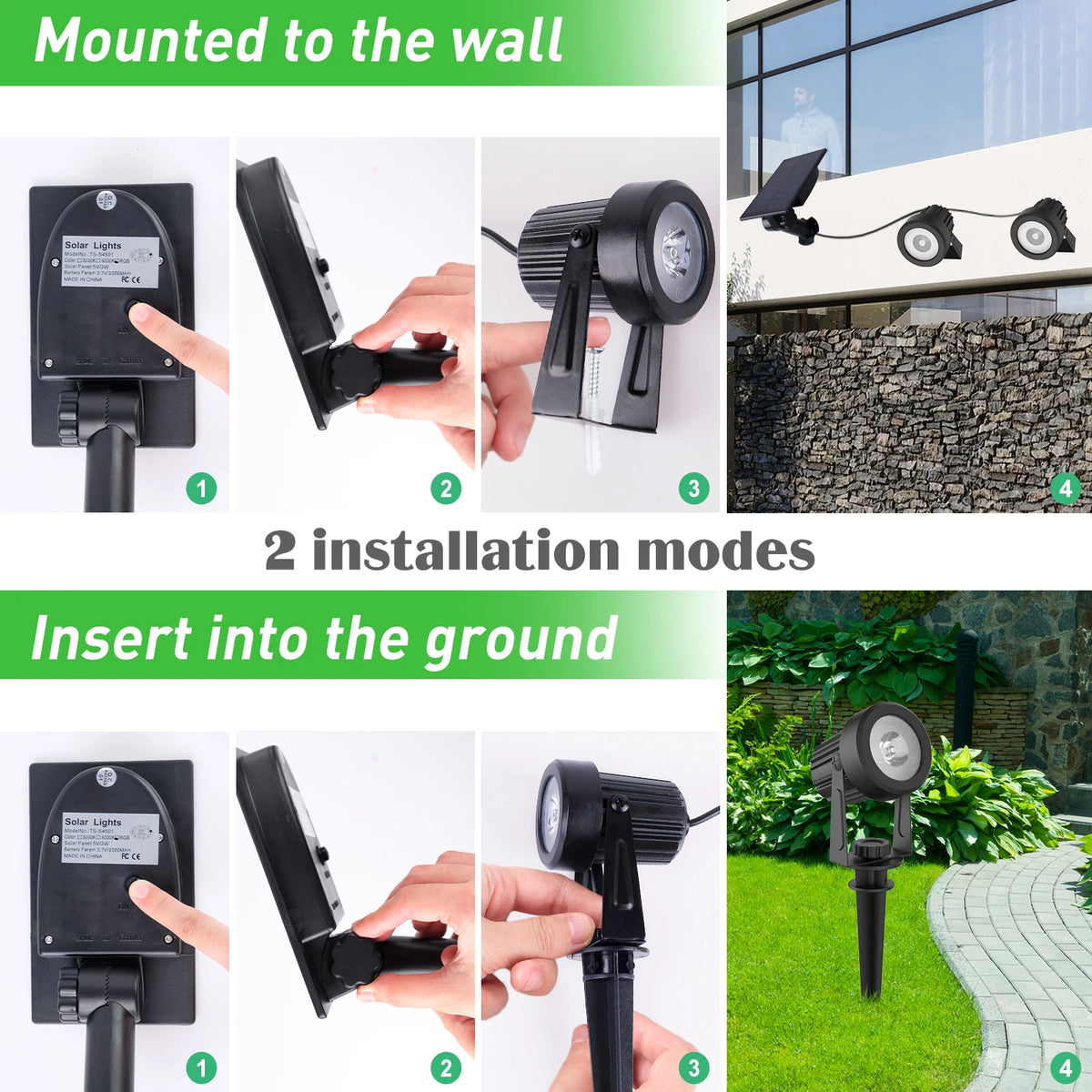 projecteur solaire led moderne noir ip65 résistant autoinstallation 2modes luminosité