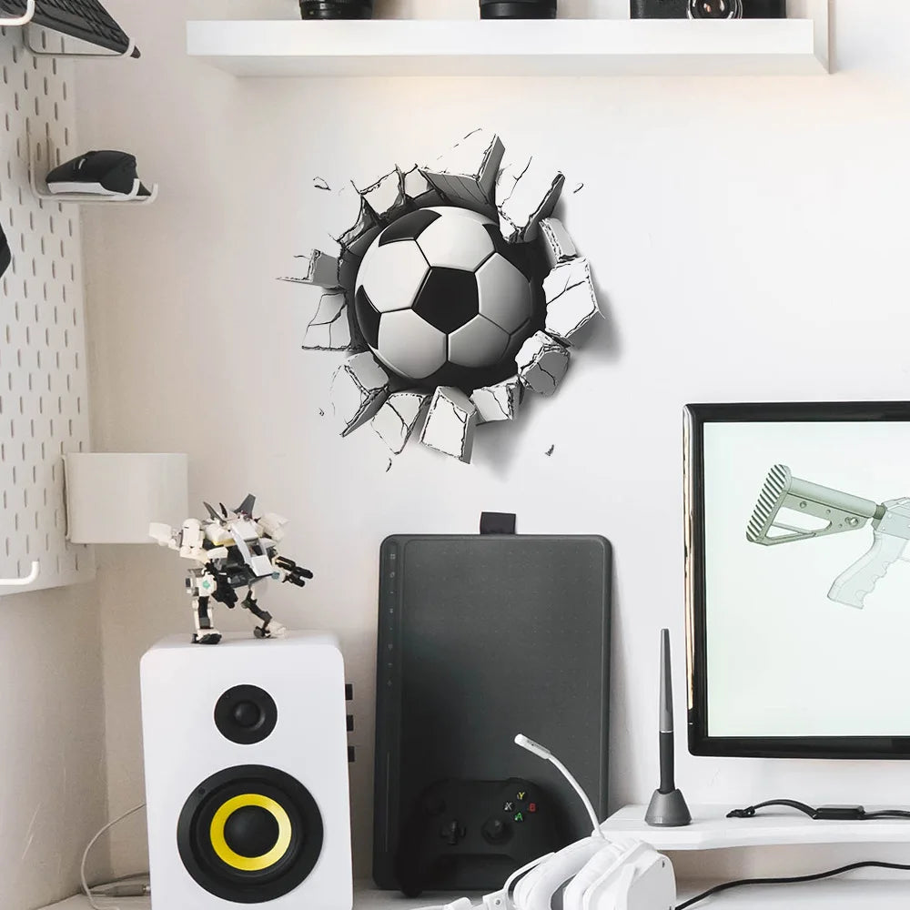 sticker mural 3d football fissures adhésif noir blanc decoration chambre enfant resistant eau 29cm