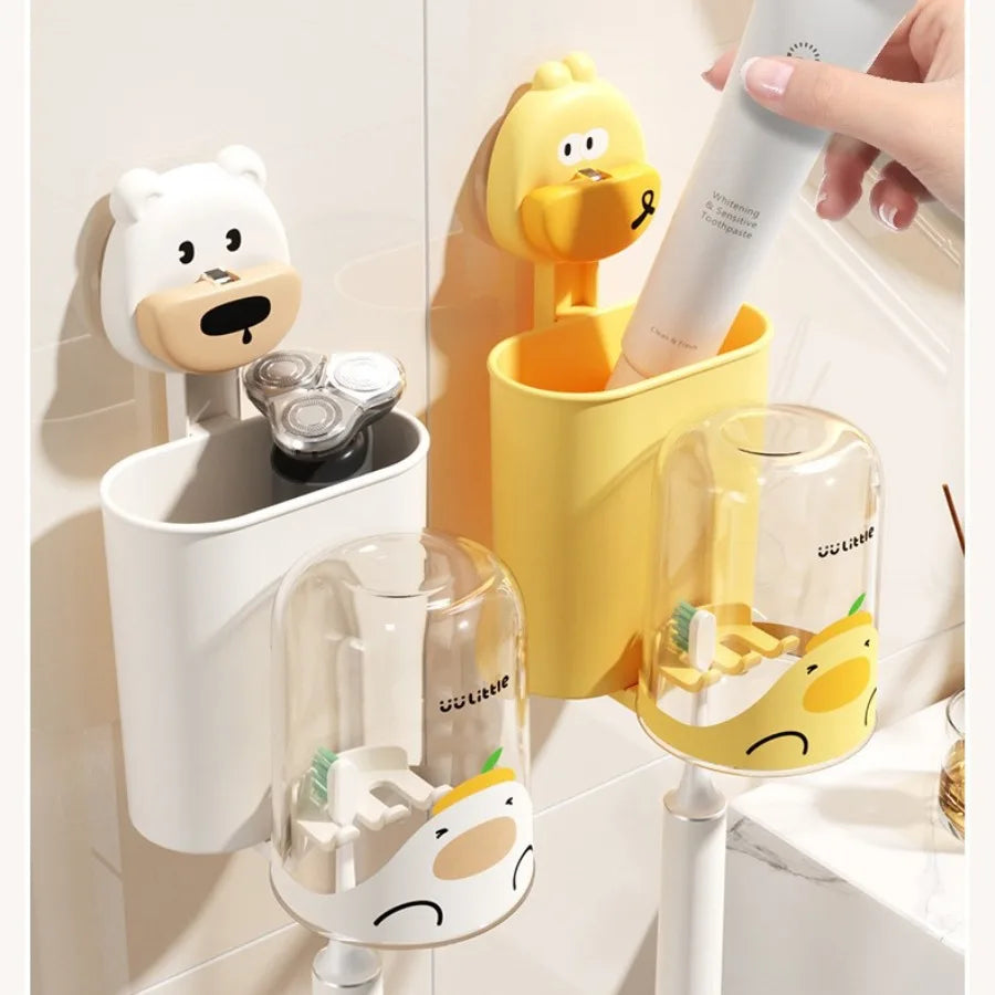organisateur mural kawaii animal brosse dents adhésif support transparent moderne salle bain blanc jaune