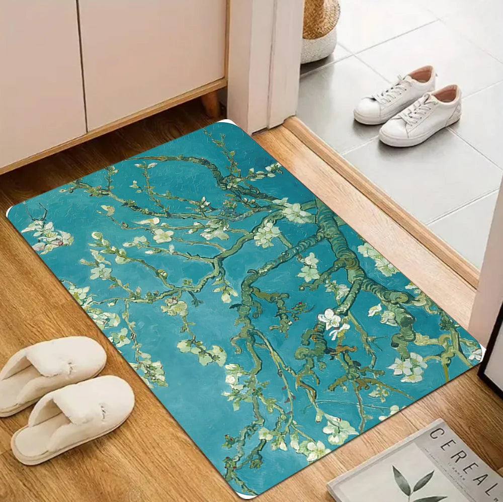 tapis moderne fleurs bleu rose gris van gogh antidérapant polyester salon chambre