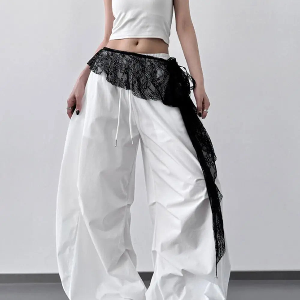 pantalon femme dentelle blanche moderne décontracté élastique taille noir blanc