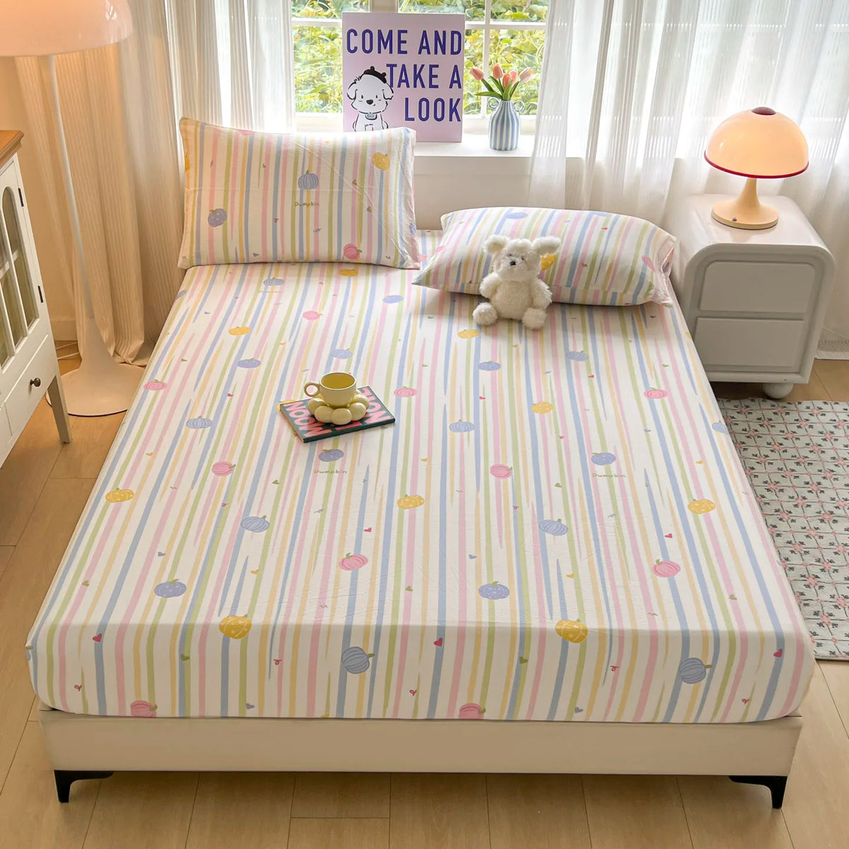 draps lit rayés housse élastique coton polyester halloween coeurs boules moderne enfantin double blanc