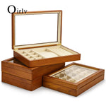 boîte bijoux bois marron clair intérieur beige simili cuir rangement display stackable organizer anneaux