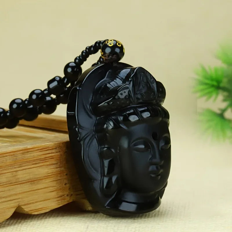 collier pendentif sculpté bouddha obsidienne noir artisanal cordon ajustable spiritualité