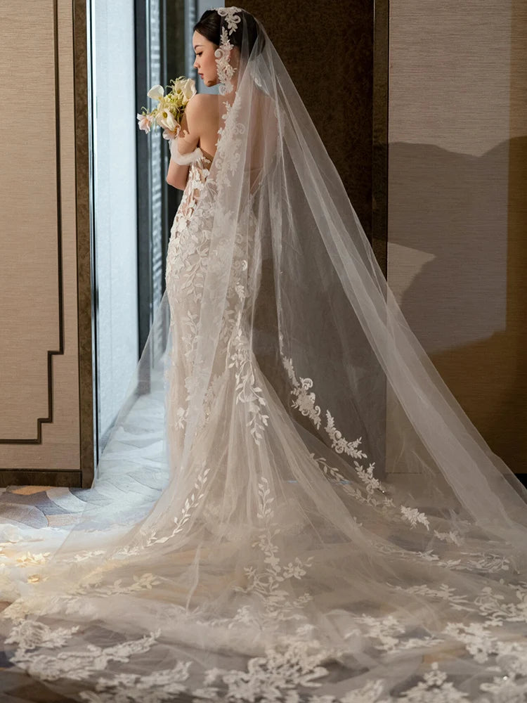 voile mariage blanc dentelle broderie florale élégant invisible off white polyestère femme