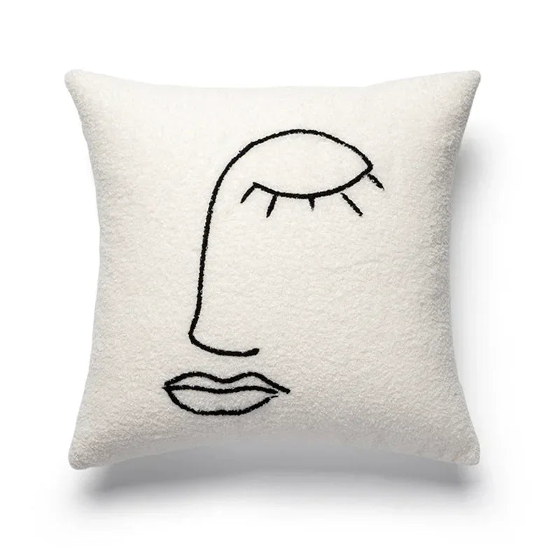 coussin abstrait brodé visages blanc moderne nordique 45x45cm decoration canapé chaise véhicule