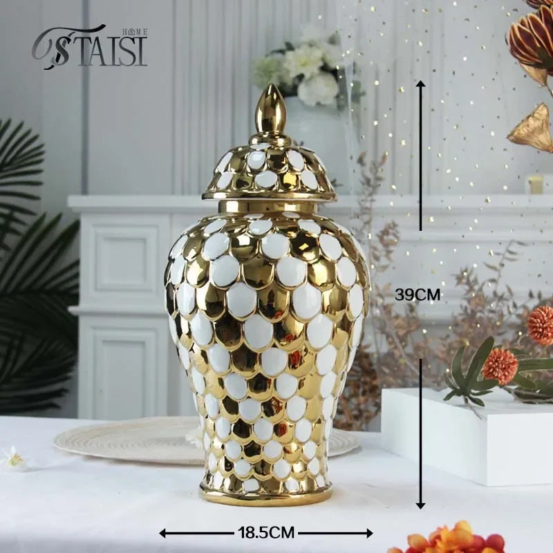 vases décoratifs modernes or blanc argentés motifs ronds couvercles assortis