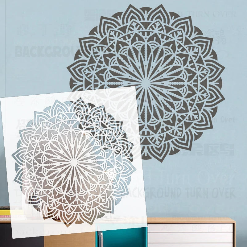 Stencil mural mandala symétrique gris artisanal adhésif taille 35x70cm 30x60cm 50x50cm 40x80cm 45x90cm