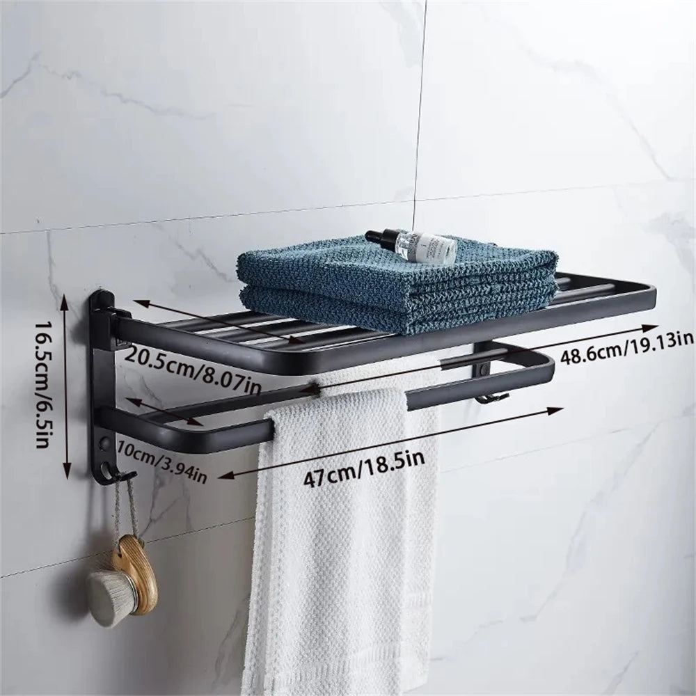 porte serviettes mural noir mat aluminium moderne barreaux horizontaux étendoir crochets serviettes blanches bleues