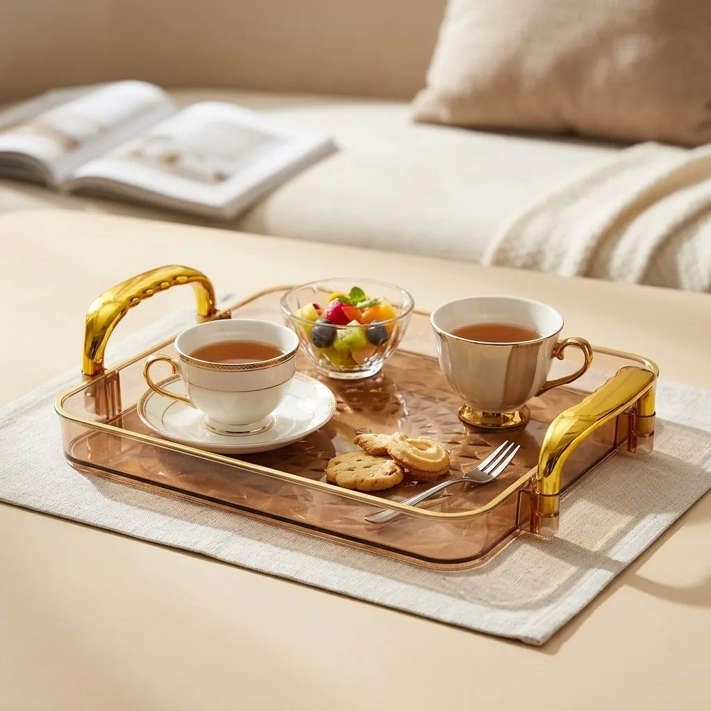 plateau thé transparent diamant 3d moderne poignées dorées élégant assiettes vaisselle service