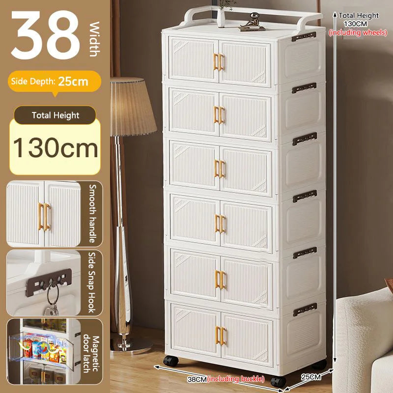 meuble rangement pliable blanc roulettes portes poignées dorées vêtements