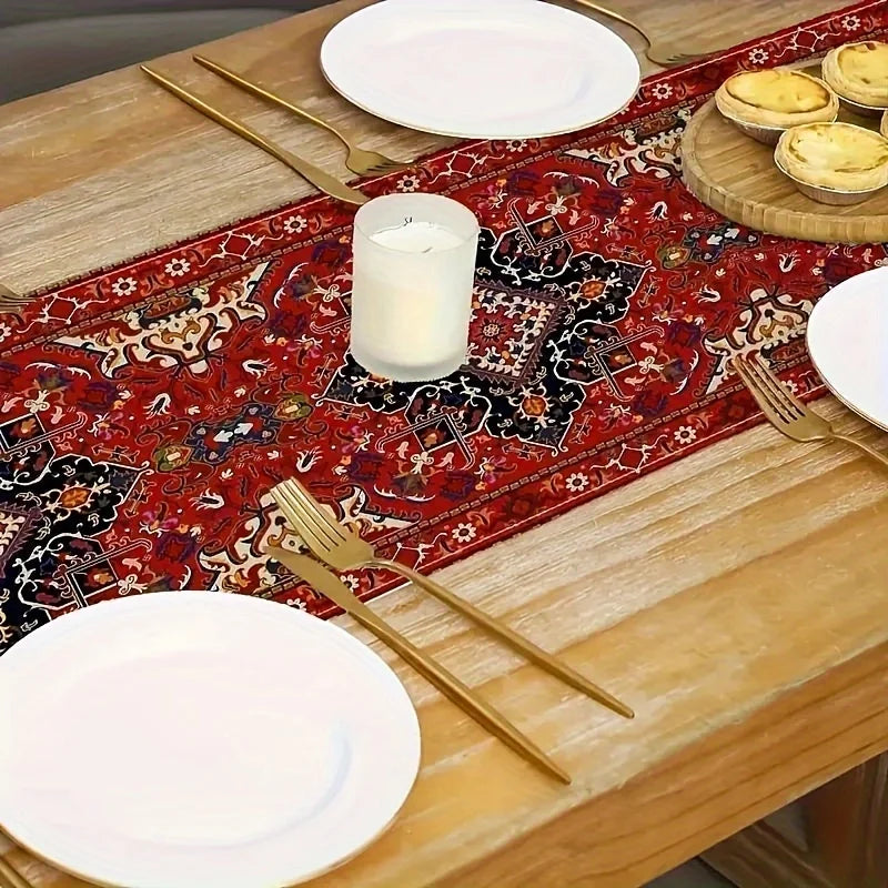 chinois bohème rouge géométrique lin table runner tissage maison festive mariage traditions ornemental